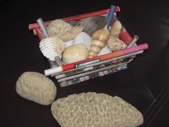 News Paper Basket filled with Sea Shells